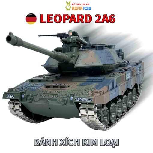 Xe Tăng Điều Khiển Từ Xa Cỡ Lớn, Sóng 2.4Ghz, Phóng Bom Nước Và Phun Khói Leopard 2A6 Đức Xích Kim Loại