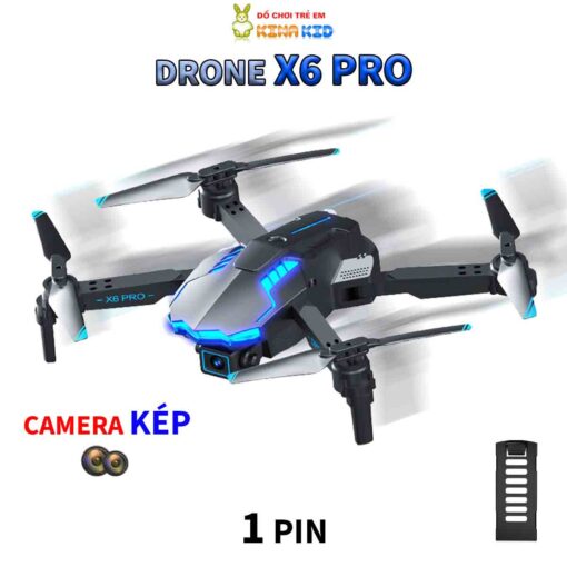 Flycam 4K Drone X6 Pro, Tích Hợp Camera Kép, Cảm Biến Tránh Vật Cản, Đèn Led Xanh Siêu Đẹp Camera kép 1 pin