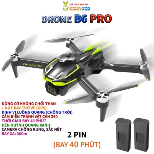 Flycam 4K Drone B6 Pro, Tích Hợp Camera Kép, Động Cơ Không Chổi Than, Cảm Biến Tránh Vật Cản, Đèn Led Xanh Siêu Đẹp B6 PRO 2 PIN