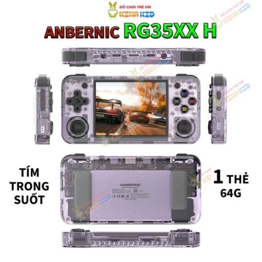 Máy chơi game Anbernic RG35XX H, màn hình ngang sắc nét, chơi được game PSP, PS1 TÍM TRONG 1 THẺ 64G